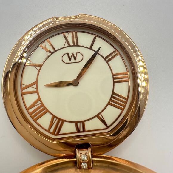 Wintex rose gold pink enamel clear rhinestones quartz pocket watch necklace - Picture 5 of 10